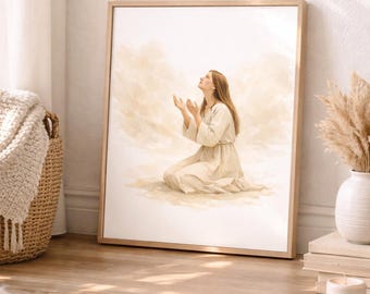 Sztuka ścienna z modlącą się Hanną do druku, Sztuka modlitewna biblijnej kobiety, Dekoracja chrześcijańska neutralna, Historia biblijna do pobrania w wersji cyfrowej, Sztuka ścienna Kościoła Jezusa Chrystusa Świętych w Dniach Ostatnich