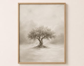 Olive Tree Wall Art Printable, Neutral Christian Wall Decor, Minimalist Biblical Olive Tree Print, Beige Botanical Scripture Decor