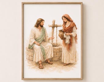 Jesus and Woman at the Well Art Print, Christian Wall Art, Bible Scene Decor, LDS Scripture Art, Neutral Minimalist Religious Printable