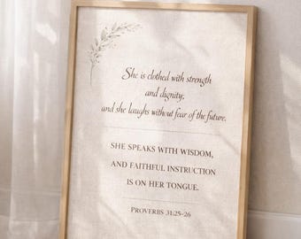 Grafika ścienna do druku z Księgi Przysłów 31, Jest odziana w siłę i godność, Chrześcijański prezent na Dzień Matki, Dekoracja ścienna z fragmentem Pisma Świętego, Wydruk Biblii