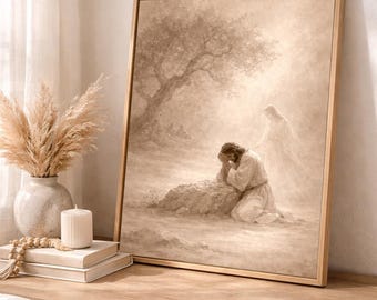 Jesus Praying in Gethsemane Wall Art Printable | Sepia Christian Art | Christ Prayer Garden of Gethsemane | Bible Art Print | LDS Christian