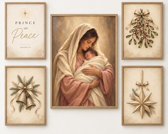 Christian Christmas Wall Art Bundle Set of 5, Mary and Baby Jesus Nativity Prints, Neutral Vintage Christmas Decor, Digital Download