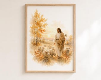 Jesus the Good Shepherd Watercolor Print, Christian Wall Art, Fall Jesus Decor, Printable Bible Art, LDS Digital Download