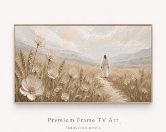 Christian TV Art Jesus Walking Through White Flowers | 4K Digital TV Screensaver | Neutral Beige Faith Art for Samsung Frame TV | Peaceful J