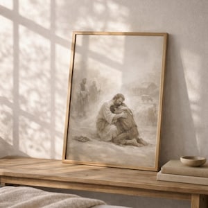 Verloren zoon terugkeer sepia print, Jezus vergeving christelijke kunst aan de muur, bijbelverhaal afdrukbaar, religieuze kunst LDS, Instant Download