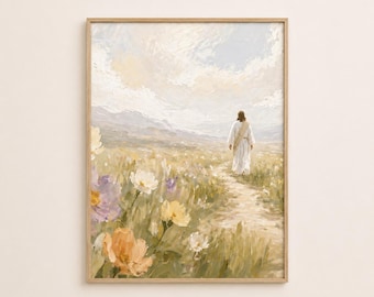 Jesus Flower Field Art, Bible Art Print, Neutral Religious Decor, LDS Christian Gift, Instant Download