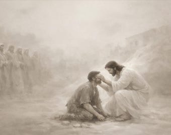 Jesus helar den blinde mannen TV-konst | Sepia kristen heminredning (digital nedladdning)