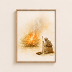 Könnte beinhalten: Aquarellmalerei einer Person, die vor einem brennenden Busch kniet. Die Person trägt eine braune Robe und hält einen Holzstab. Der Busch steht in Flammen mit orangefarbenen und gelben Flammen, vor einem hellbeigen Hintergrund. Ein Paar Sandalen liegt am Boden.