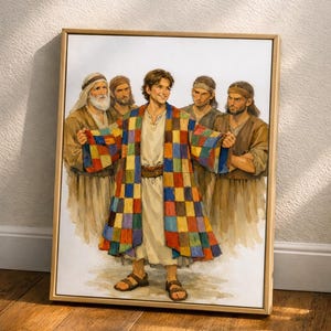 May include: A framed print of a watercolor illustration depicting a young man in a colorful patchwork robe, surrounded by several men in neutral-toned clothing. The artwork is set against a white background.