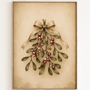 Può includere: Una stampa artistica da parete incorniciata raffigurante un'illustrazione botanica di rametti di vischio con foglie verdi e bacche rosse, legati insieme da un nastro beige, su uno sfondo strutturato color pergamena invecchiata.