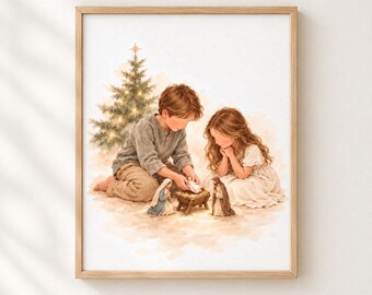 Children Placing Baby Jesus in Manger Wall Art, Christian Christmas Printable, Nativity Watercolor, Religious Holiday Decor