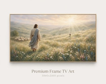 Jesus and the Lost Lamb TV Art, Christian 4k Digital Download, lds TV Screensaver Art, Jesus Christ Meadow Painting, Faith TV Frame Art