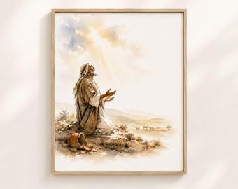 Job Looking Toward Heaven Watercolor Print, Biblical Wall Art, Christian Printable, Book of Job Decor, Faith Digital Download