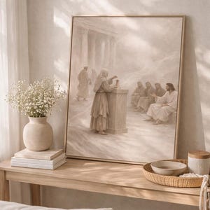 Widow’s Mite Wall Art, Jesus Teaching About Giving, Christian Wall Art Printable, Bible Story Decor, Neutral Scripture Art, Church Decor