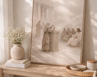 Widow’s Mite Wall Art, Jesus Teaching About Giving, Christian Wall Art Printable, Bible Story Decor, Neutral Scripture Art, Church Decor