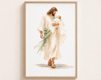 Jesus Holding Baby Watercolor Print, LDS Baby Blessing Invitation Cover, Christian Christening Invitation, Baptism Gift