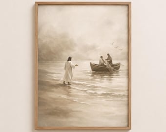 Jesus Calls Fishermen Art Print, Fishers of Men schriftkunst aan de muur, christelijk LDS-decor, afdrukbare bijbelscène, neutrale sepiakunst