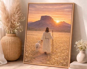 Jesus and Lost Lamb Art Print, Old Chief Mountain Sunset (Digital Download)