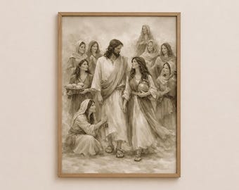 Jesus with Women of the New Testament Sepia Bible Art, Mary Magdalene Mary Martha Christian Wall Art, Scripture Decor Digital Download