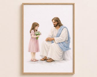 Jesus with Child Watercolor Print, Christian Nursery Art (Digital Download)