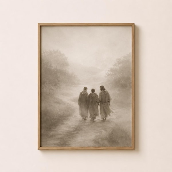 Road to Emmaus Wall Art Printable | Jesus Appears to Two Disciples | Luke 24 Christian Art | Sepia Bible Print Download