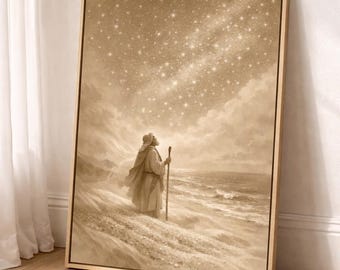 Abraham Stars Sand väggkonst utskrivbar, Genesis 22:17 Skriftkonst, kristen LDS väggdekor, neutral sepia trostryck