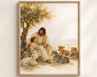 Vreedzaam Koninkrijk Jesaja 11 Kunst, Jezus met Kind, Leeuw, Wolf, Lam Christelijke Muurdecoratie, LDS Schrifttekst Printbaar, Digitale Download