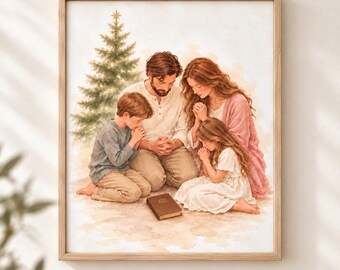 Family Christmas Prayer Wall Art, Christian Christmas Printable, Family Praying Watercolor, Religious Holiday Decor, Digital Download