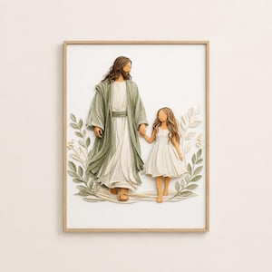 May include: A framed artwork depicts a figure in a long robe holding hands with a young girl in a white dress. The figures are surrounded by green and white foliage. The artwork is in a wooden frame.