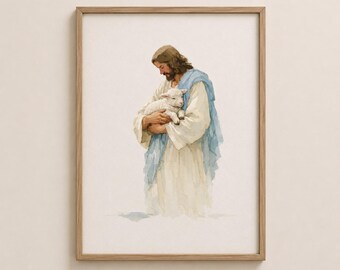 Jesus With Lamb Printable Wall Art, Christian Wall Decor, Good Shepherd Art, LDS Jesus Print, Bible Art Download, Faith Home Decor