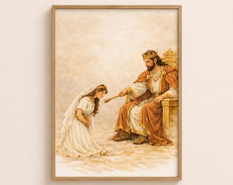 Esther Before the King Bible Art Print, Christian Wall Art, Scripture Illustration, Bible Story Decor, Religious Printable, Christian Gift