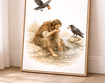 Elijah Fed by Ravens Print, 1 Kings 17 Wall Art, Christian Decor, Bible Story Art, Faith Printable, Prophet Elijah Artwork