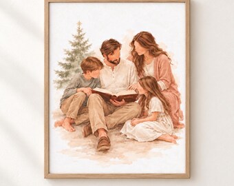 Family Reading Luke 2 Wall Art, Christian Christmas Printable, Bible Story Family Art, Jesus Birth Scripture Decor, Digital Download