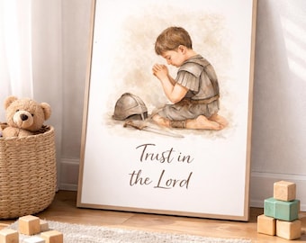 Lita på Herren väggkonst utskrivbar, kristen pojke bön tryck, Guds krigare barnrum dekor, bibelvers barnrum digital nedladdning