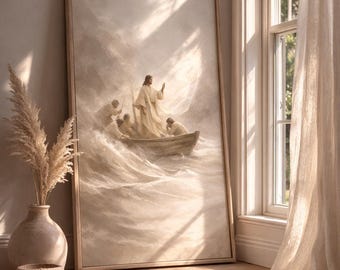 Grafika ścienna „Jezus uspokaja burzę” do druku | Dekoracje chrześcijańskie w sepii | Pobierz grafikę biblijną | Wydruk do domu wiary | Cyfrowa sztuka Kościoła Jezusa Chrystusa Świętych w Dniach Ostatnich