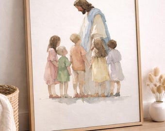 Jesus with Children Watercolor Print, Christian Nursery Wall Art, Jesus Loves the Little Children, Instant Download Digital Print