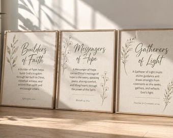 LDS Young Women Wall Art Set | Builders of Faith Messengers of Hope Gatherers of Light | YW Theme Triptych Printable