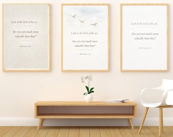 Matthew 6:26 Wall Art Set of 3, Birds of the Air Scripture Prints, Christian Printable Decor, Neutral Minimal Bible Verse Art