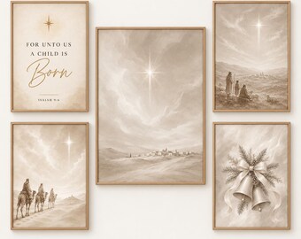 Christian Christmas Star Wall Art Bundle Set of 5, Star of Bethlehem, Wise Men and Shepherds, Neutral Nativity Prints, Digital Download
