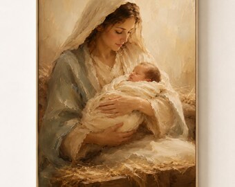 Mary and Baby Jesus Wall Art, Christian Nativity Printable, Mother Mary Jesus Painting, Catholic Christmas Decor, Religious Art