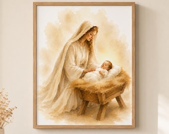 Mary and Baby Jesus Watercolor Print, Christian Nativity Wall Art, Mother and Child, Christmas Printable, Religious Digital Download