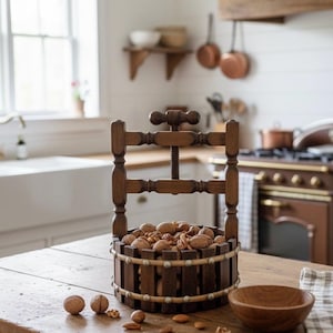 Peut inclure: Un casse-noix en bois rempli de noix est posé sur une table en bois. Le casse-noix est doté d'un mécanisme à vis et d'un panier cylindrique. Un petit bol en bois et des noix en vrac sont également sur la table. La cuisine comprend une fenêtre et des casseroles en cuivre.