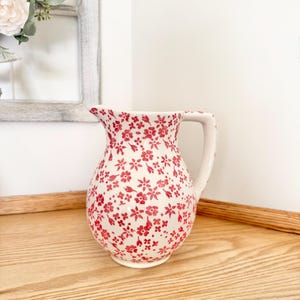 Jarra de cerámica portuguesa vintage / Cerámica floral roja pintada a mano / Jarra ancha Farval Portugal / Decoración de cocina rústica