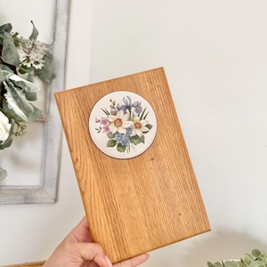 Vintage Wooden Cutting Board with Floral Ceramic Tile | Cottage Kitchen Decor, Cheese Board, Trivet
