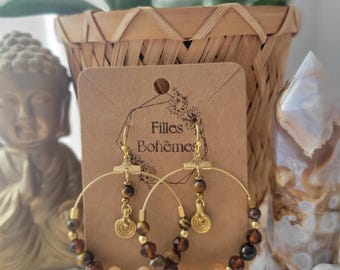 Boho chic style earrings, boho, gold ring made of natural tiger's eye stones, glass and pure brass.