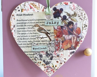 Hanging Wooden Heart Decoration, Flower Fairy Heart Plaque, Spring Home Décor, Wooden Heart Plaque, Wall Art, Mixed Media Collage