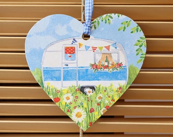 Wooden Hanging Heart Decoration, Caravan Decoration, Camping Décor, Wooden Heart Plaque, Wall Art