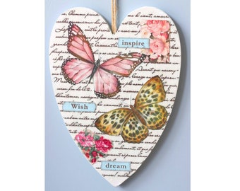 Hanging Wooden Heart Decoration, Butterfly Heart Plaque, Spring Home Décor, Wooden Heart Plaque, Wall Art, Shabby Chic Heart