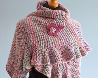 Knitted Shawl, Outlander style shawl, Wool scarf, Ruffled scarf, Pink scarf, Pink shawl, Knitted wrap