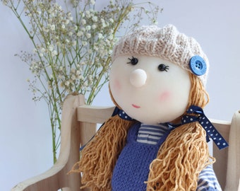 Rag Doll, Knitted Doll, Soft Doll, Blue Dungarees, Soft Toy, Home Decor, Millie